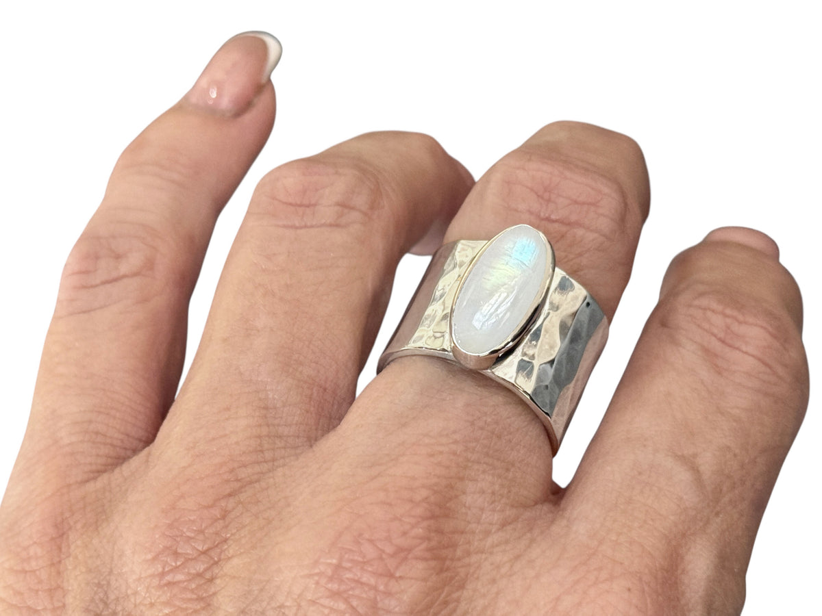 Moonstone Oval Ring with Wide Hammered Band Sterling Silver