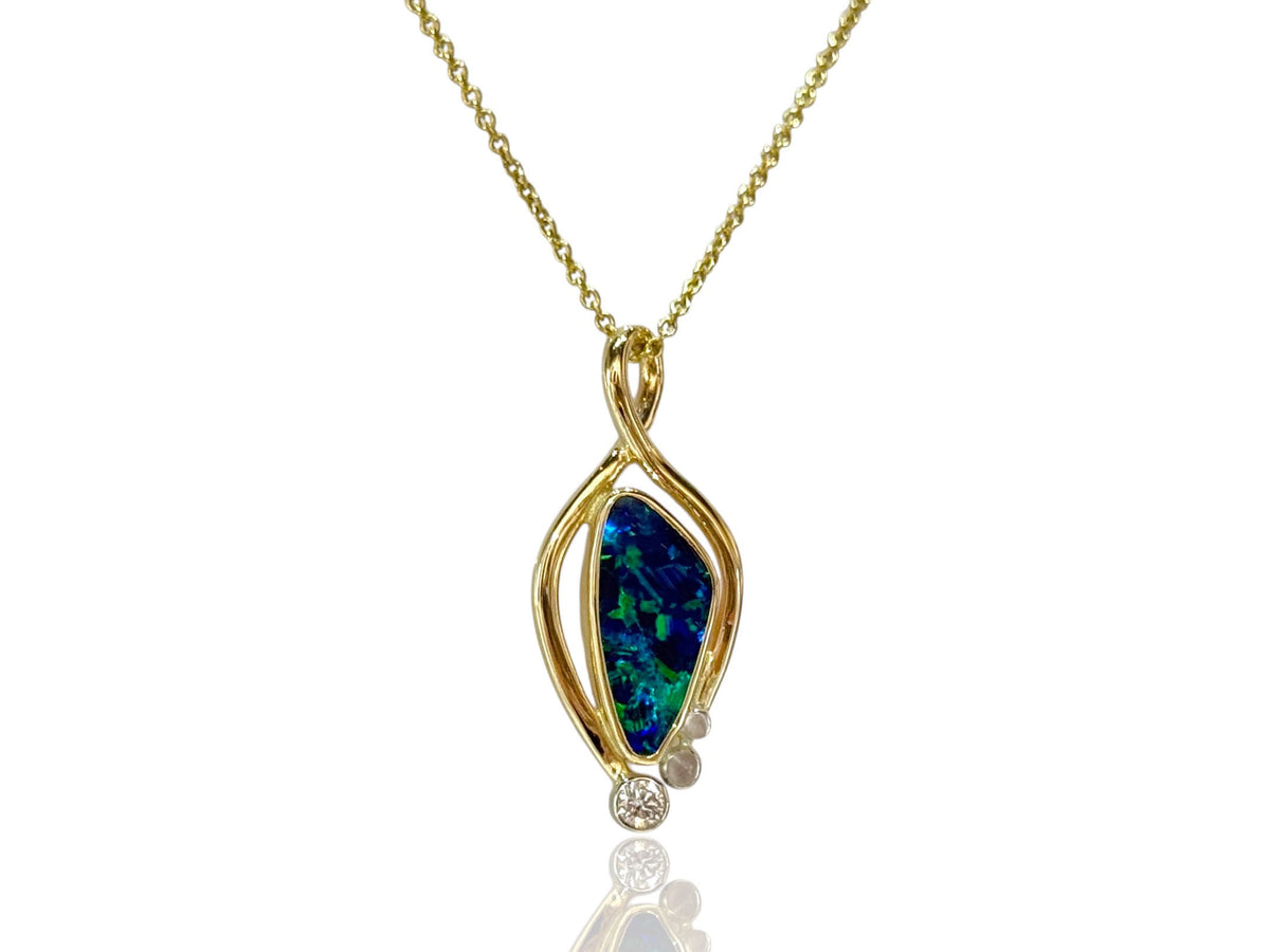 Black Australian Opal and Diamond Pendant 14kt Gold