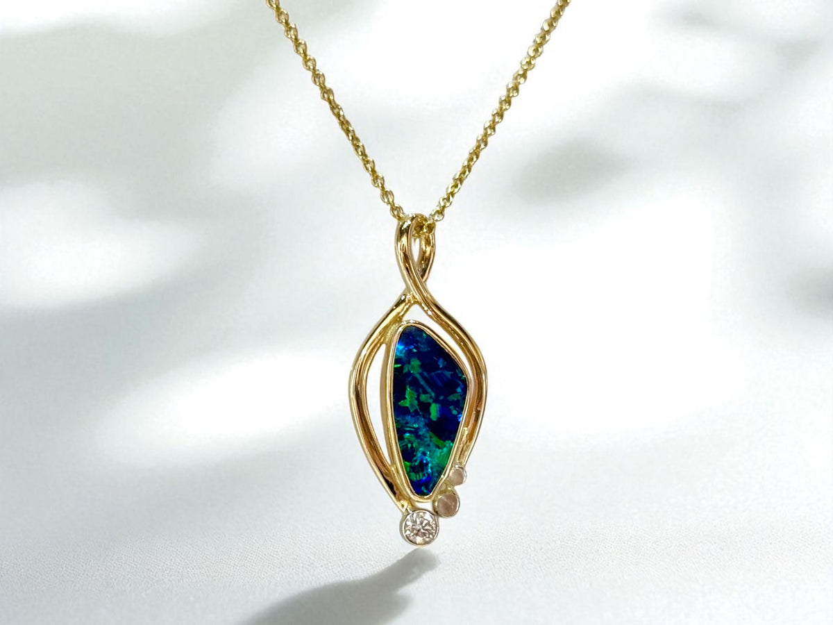 Black Australian Opal and Diamond Pendant 14kt Gold