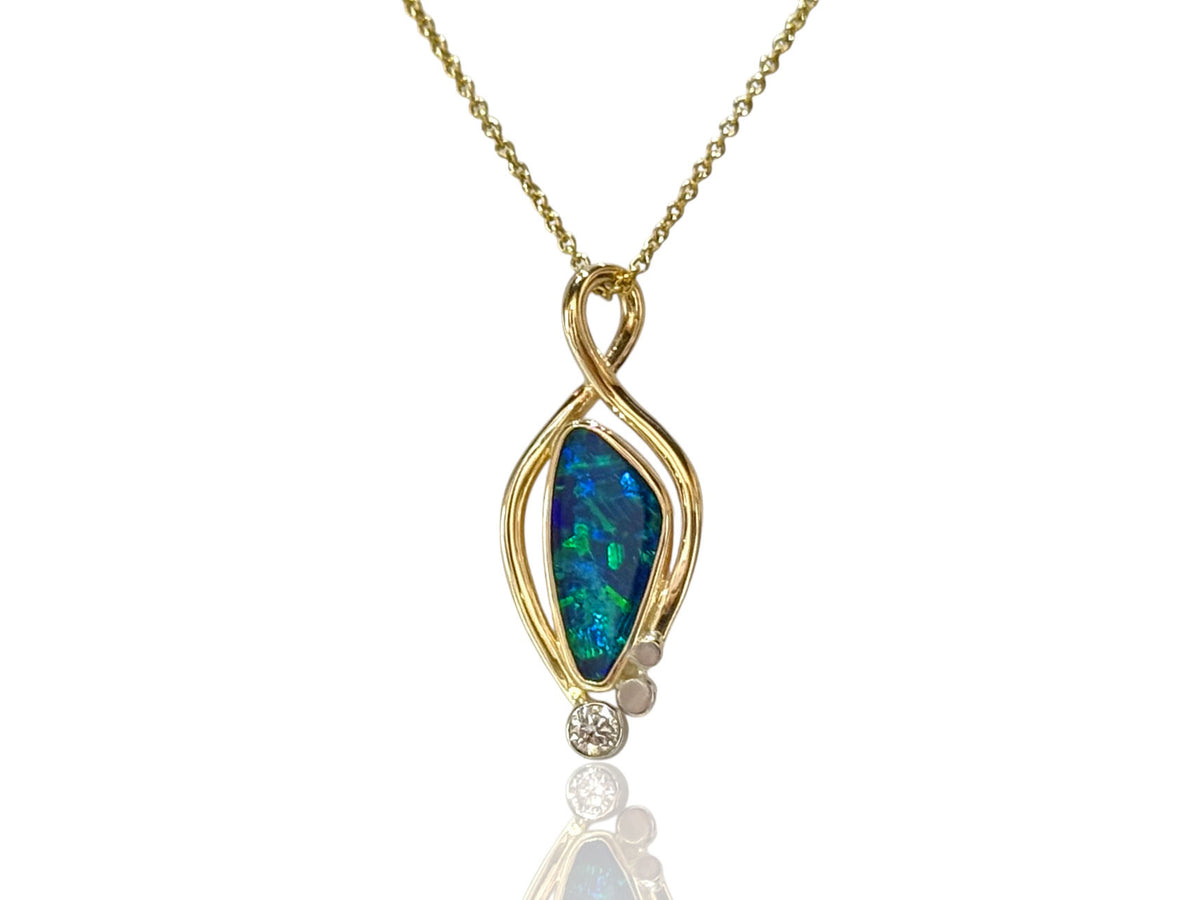 Black Australian Opal and Diamond Pendant 14kt Gold