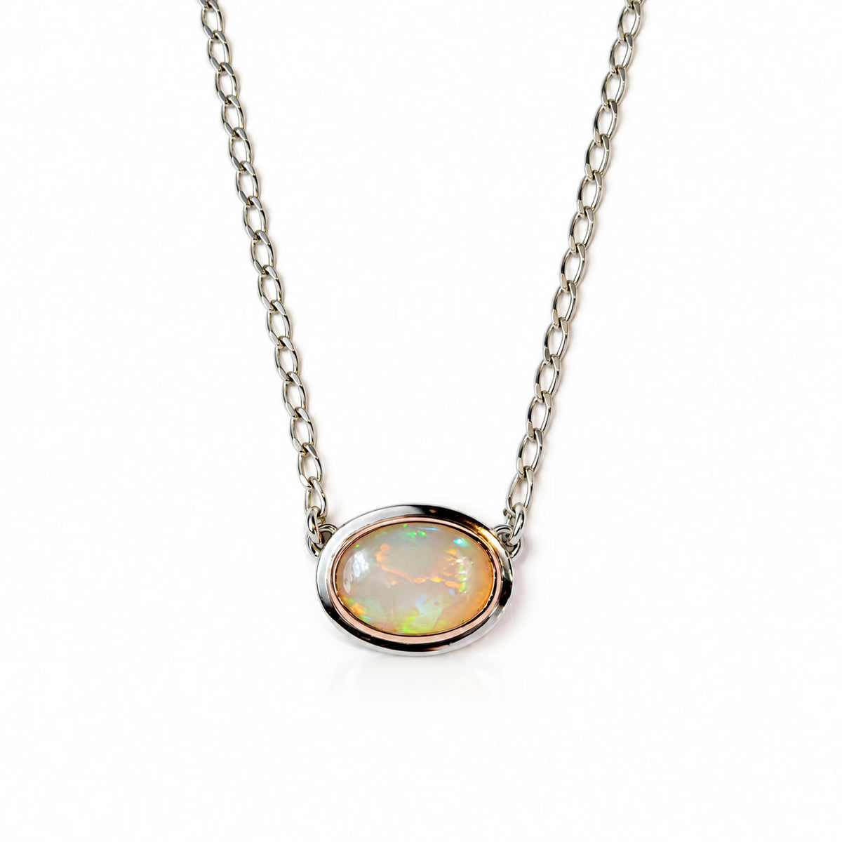 White Ethiopian Opal Necklace Silver and Rose Gold