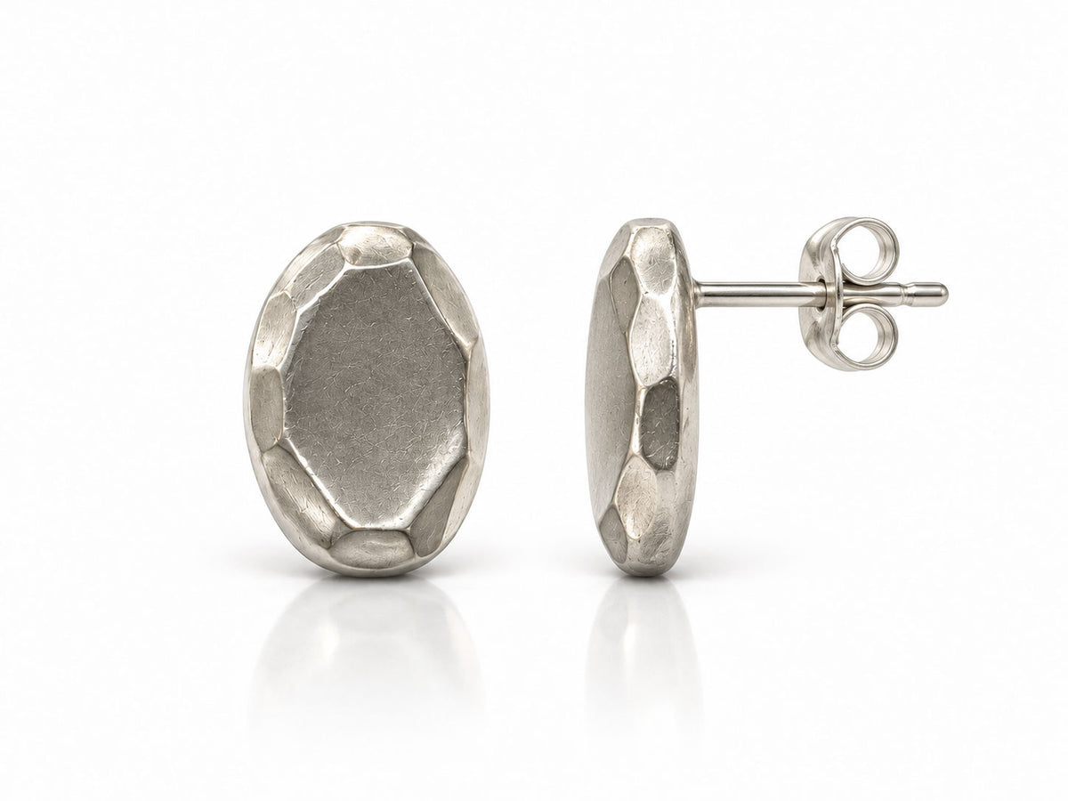Oval Shaped Sterling Silver Facets Stud Earrings