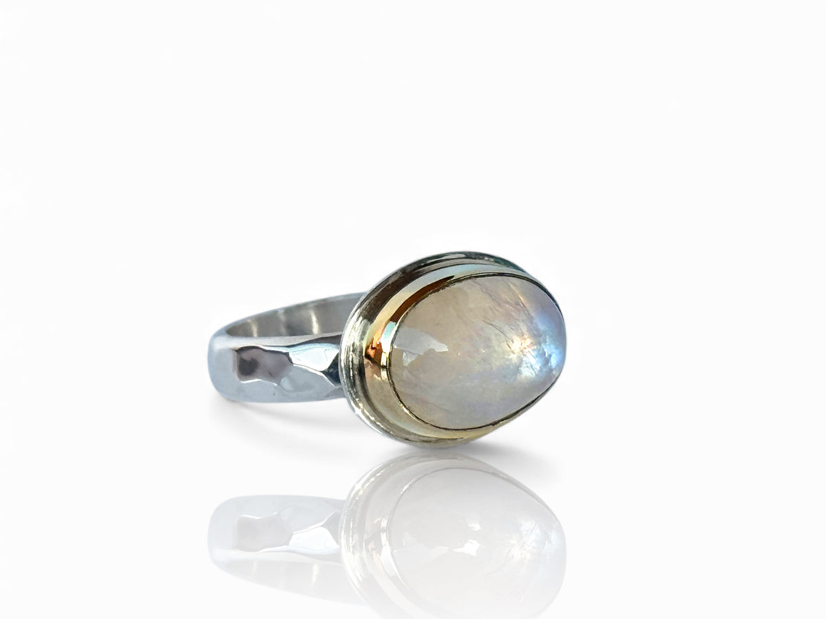 Moonstone Ring Yellow Gold and Silver Side Set Oval