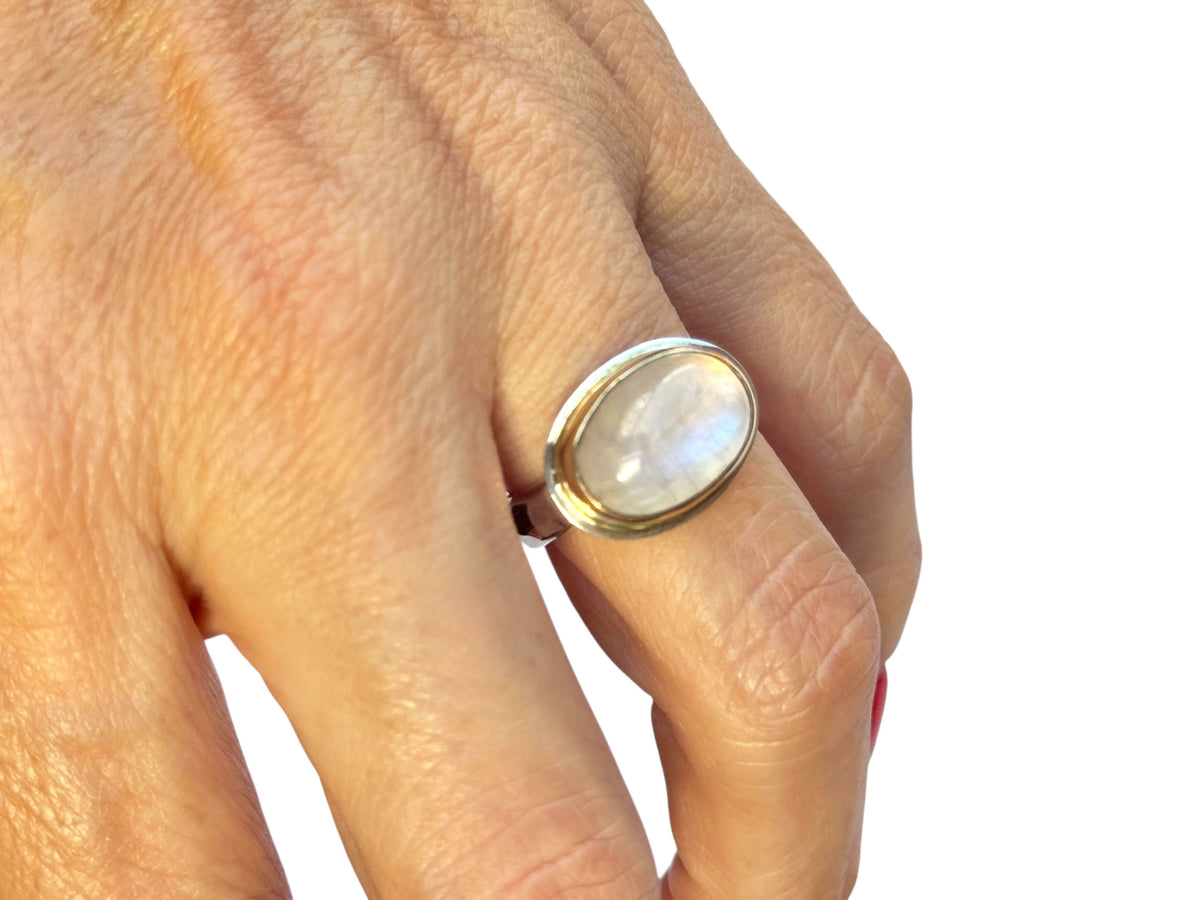 Moonstone Ring Yellow Gold and Silver Side Set Oval