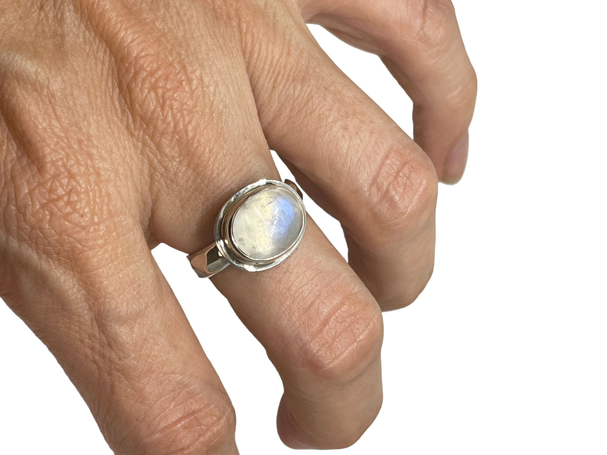 Oval Moonstone Side Set Silver Ring Size 8