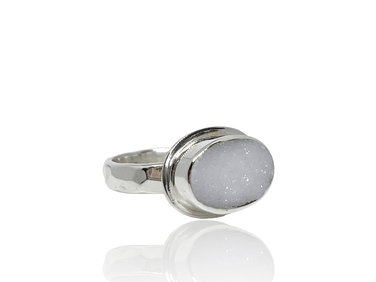 Druzy Ring Oval Shape Sterling Silver Size 8