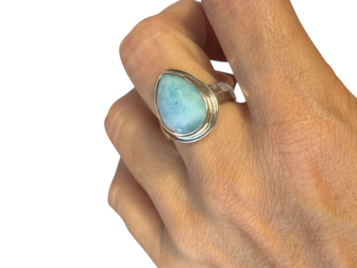 Larimar Pear Ring with Wide Hammered Band Size 9-1/2