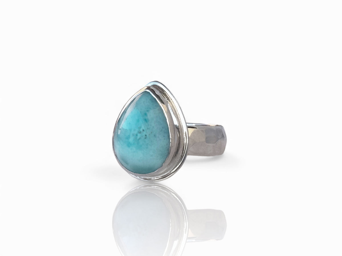 Larimar Pear Ring with Wide Hammered Band Size 9-1/2