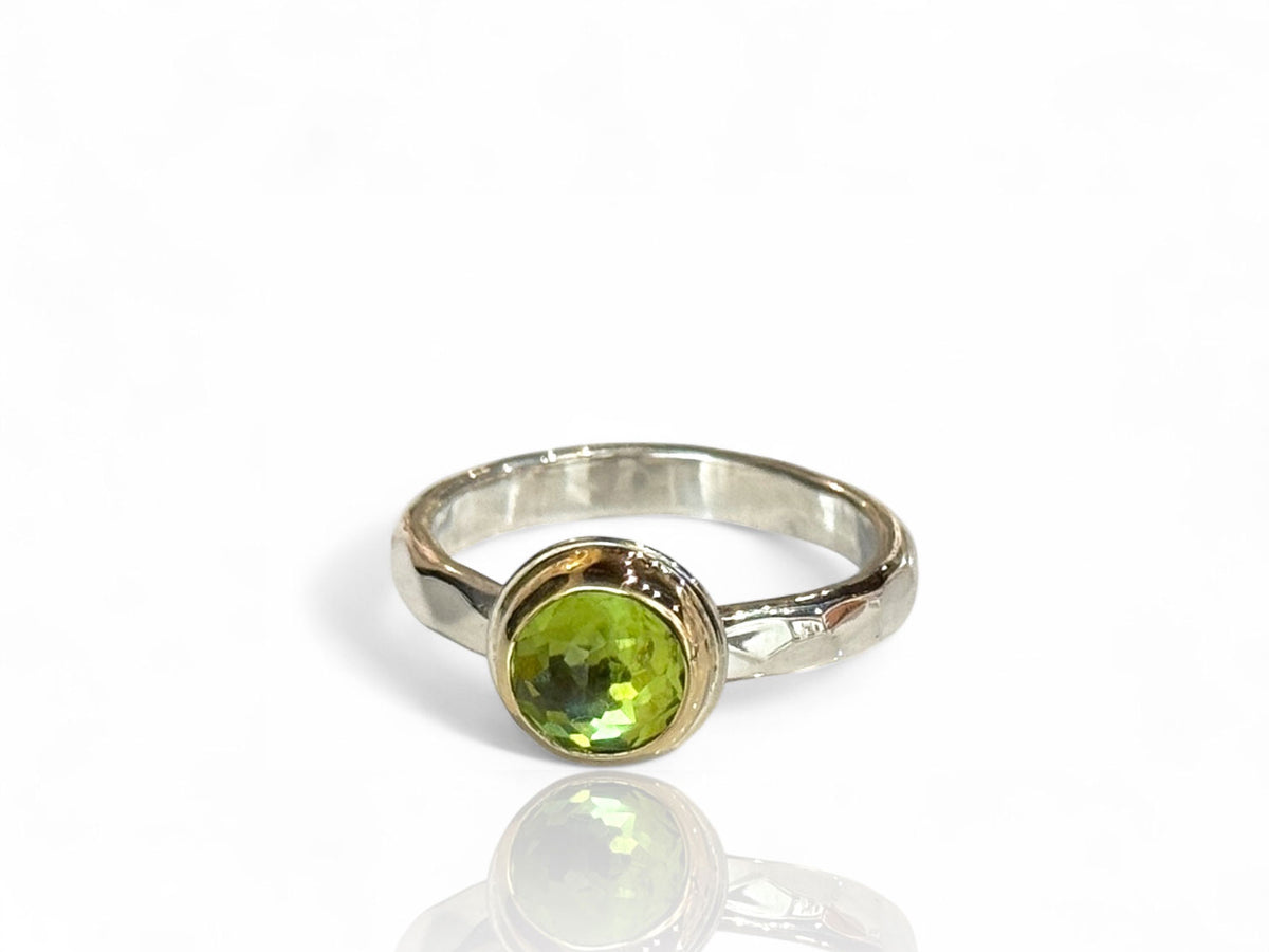 Peridot Rose Cut Solitaire Ring Silver and Yellow Gold