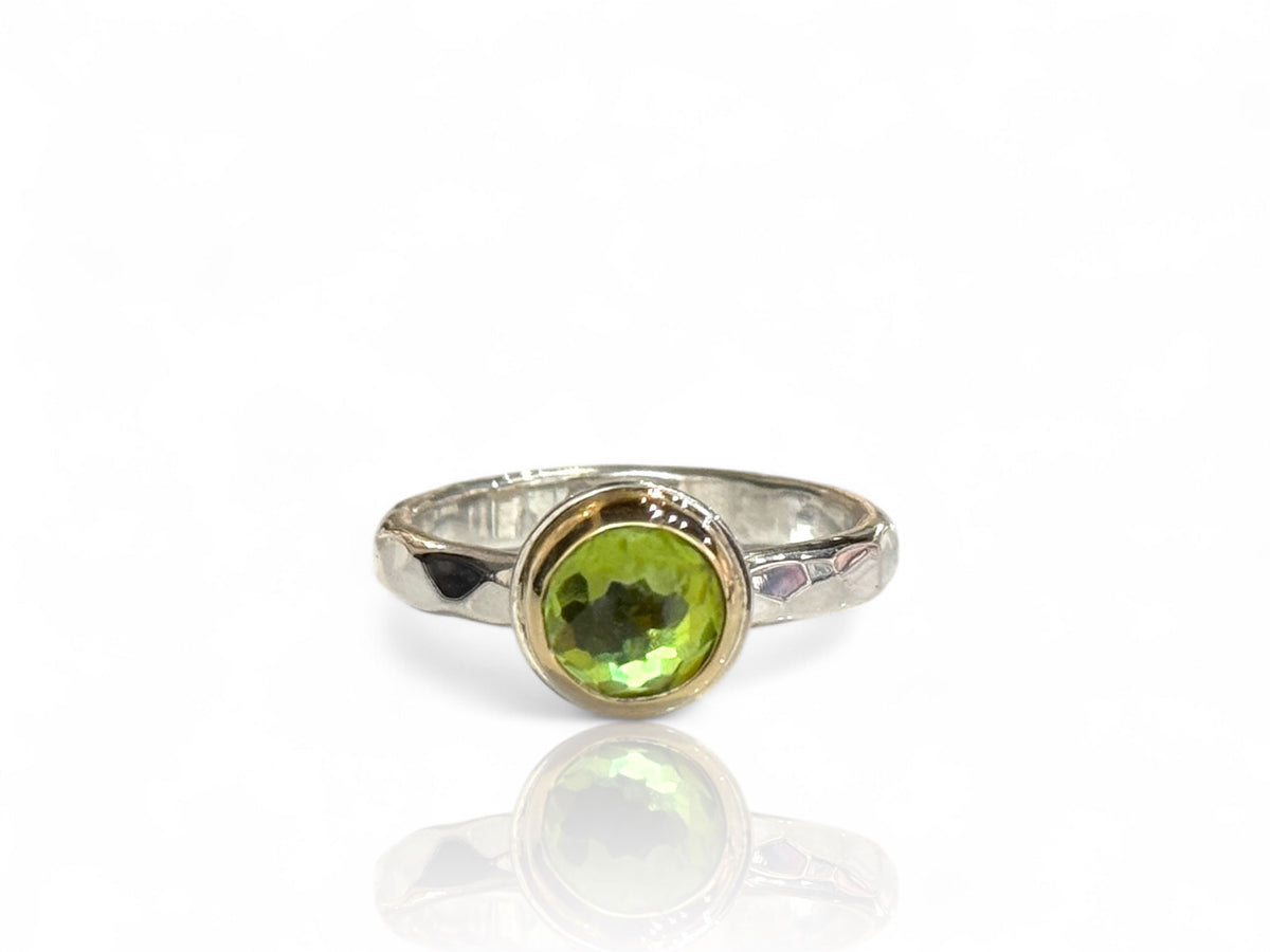 Peridot Rose Cut Solitaire Ring Silver and Yellow Gold