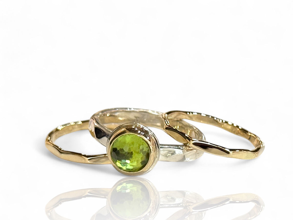 Peridot Rose Cut Solitaire Ring Silver and Yellow Gold