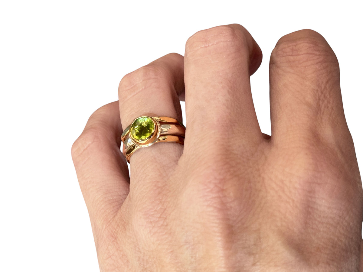 Peridot Rose Cut Solitaire Ring Silver and Yellow Gold