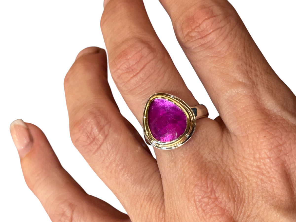 Pink Sapphire Rose Cut Freeform Ring Silver and Gold
