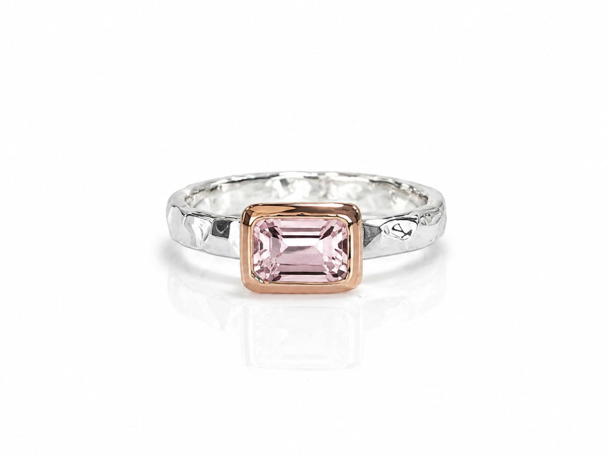 Pink Tourmaline Emerald Cut Rose Gold and Silver Bezel Solitaire Ring