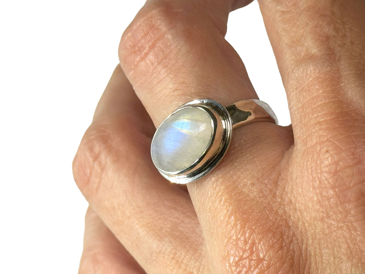 Oval Rainbow Moonstone Sterling Silver Ring Size 8