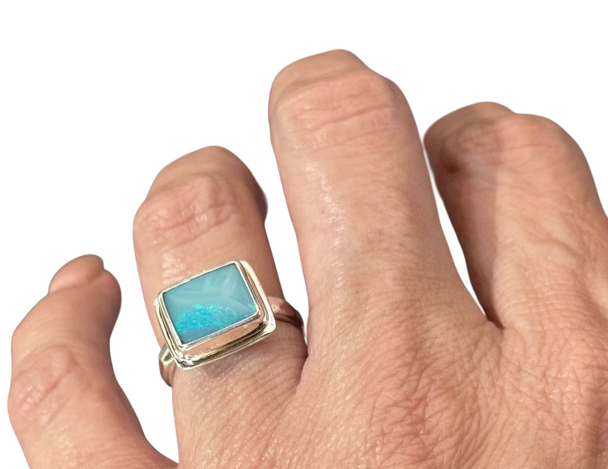 Rectangular Blue Australian Opal Ring Size 6
