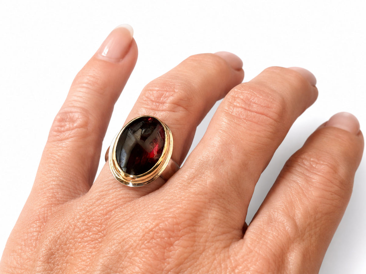 Red Garnet Oval Ring Silver and Gold Size 7
