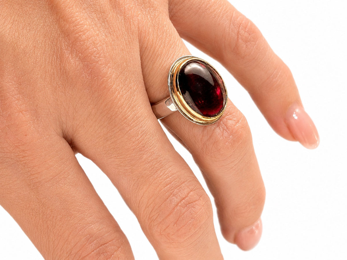 Red Garnet Oval Ring Silver and Gold Size 7