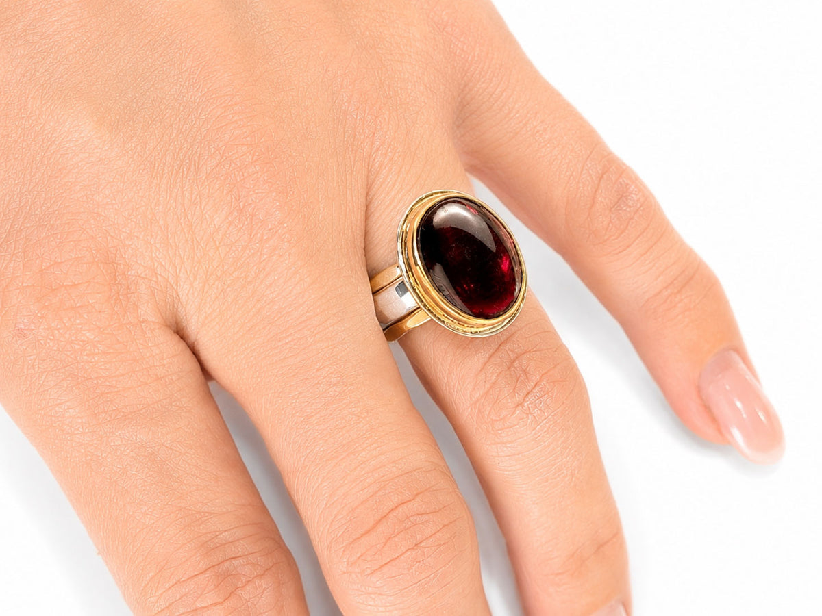 Red Garnet Oval Ring Silver and Gold Size 7