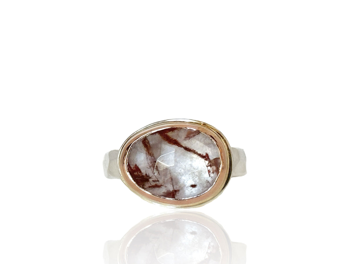 Red Rutilated Quartz Ring Silver and Rose Gold Size 8