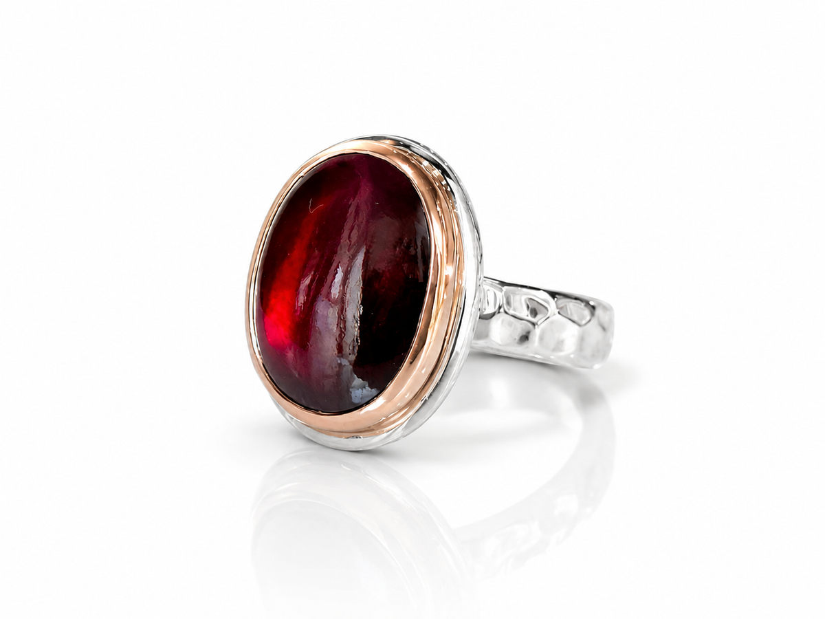 Raspberry Rhodolite Garnet Oval Ring Silver and Rose Gold Size 7