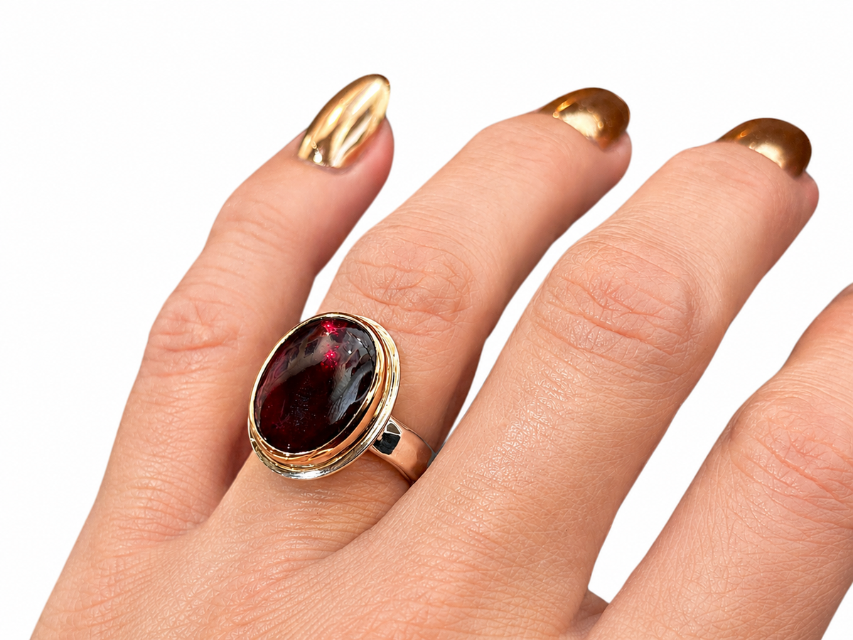 Raspberry Rhodolite Garnet Oval Ring Silver and Rose Gold Size 7