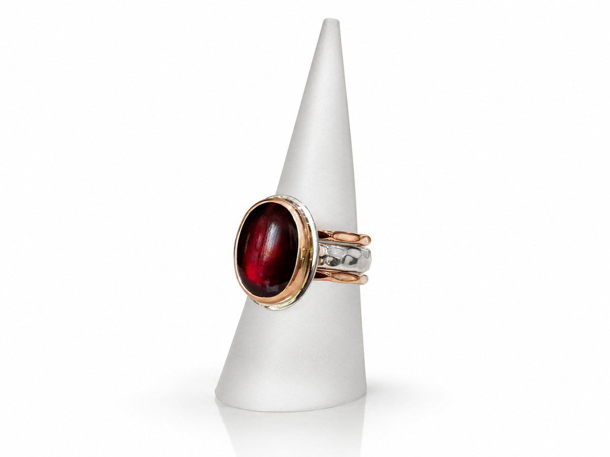 Raspberry Rhodolite Garnet Oval Ring Silver and Rose Gold Size 7