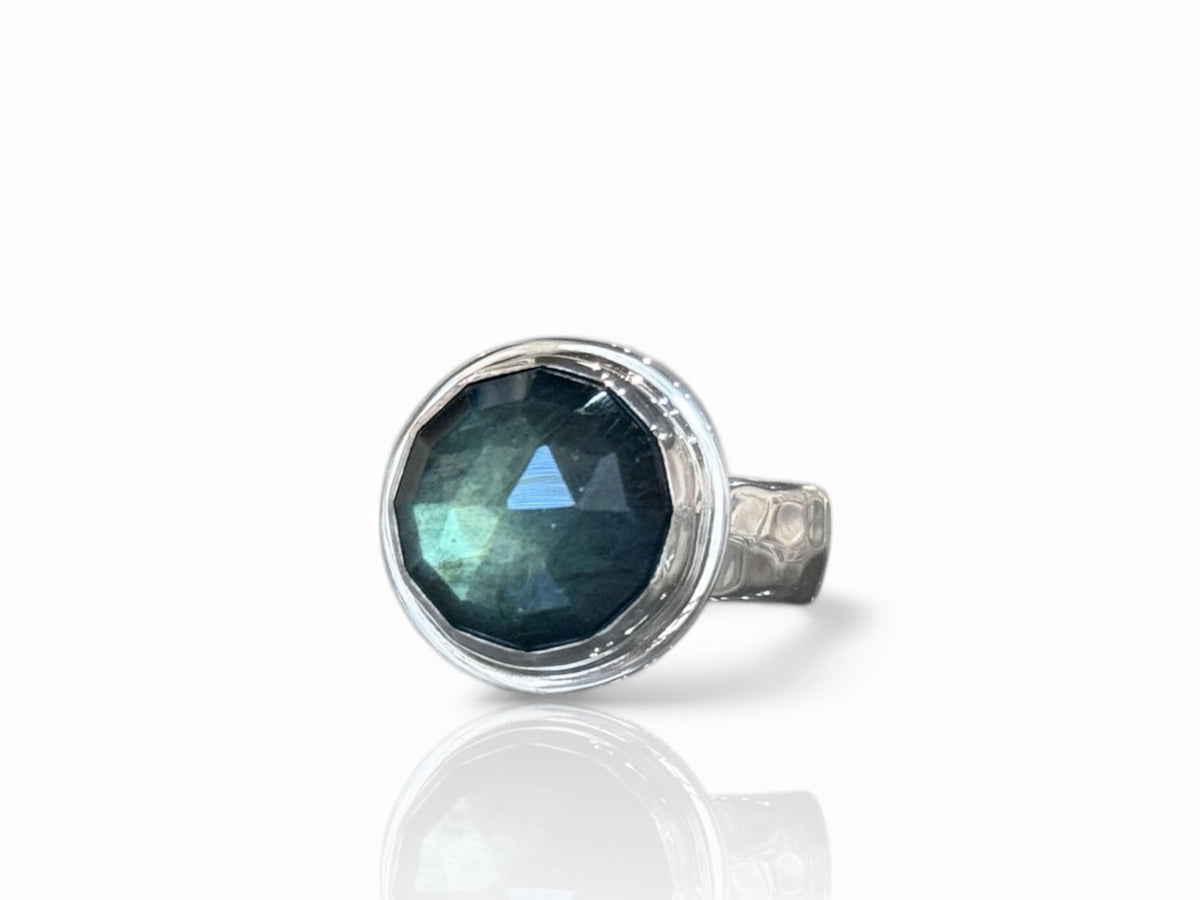 Green Round Labradorite Ring Sterling Silver