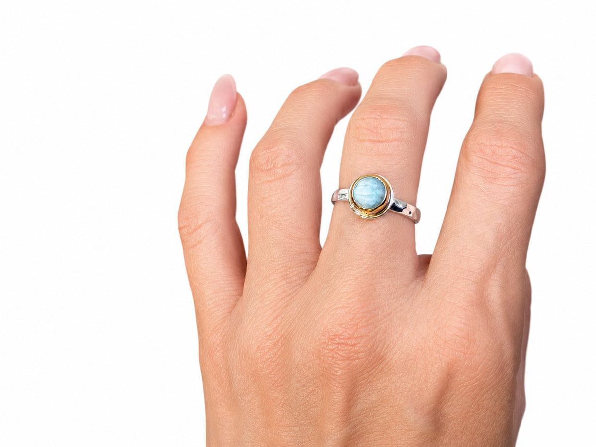 Round Larimar Ring Ring Silver and Gold Size 8