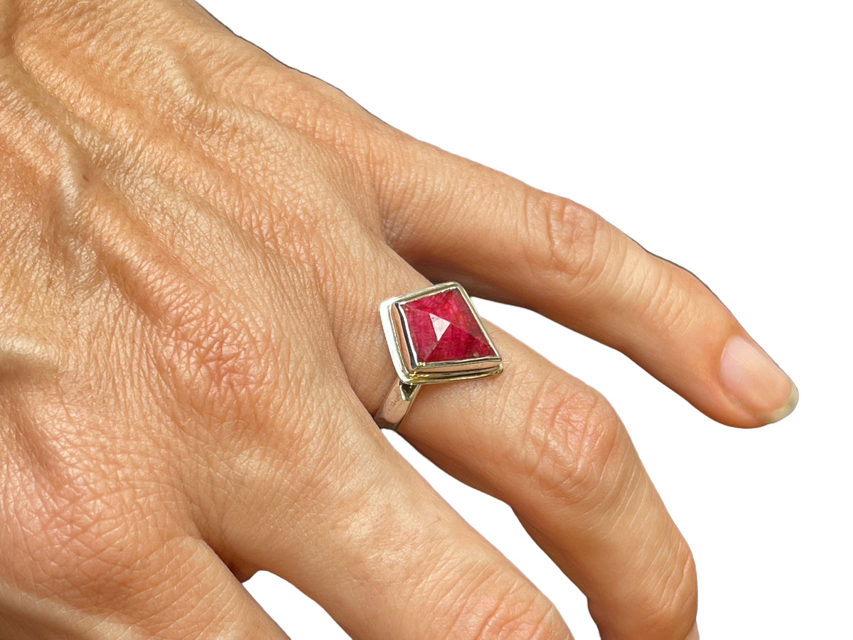 Kite Shaped Ruby Ring in Silver Size 7