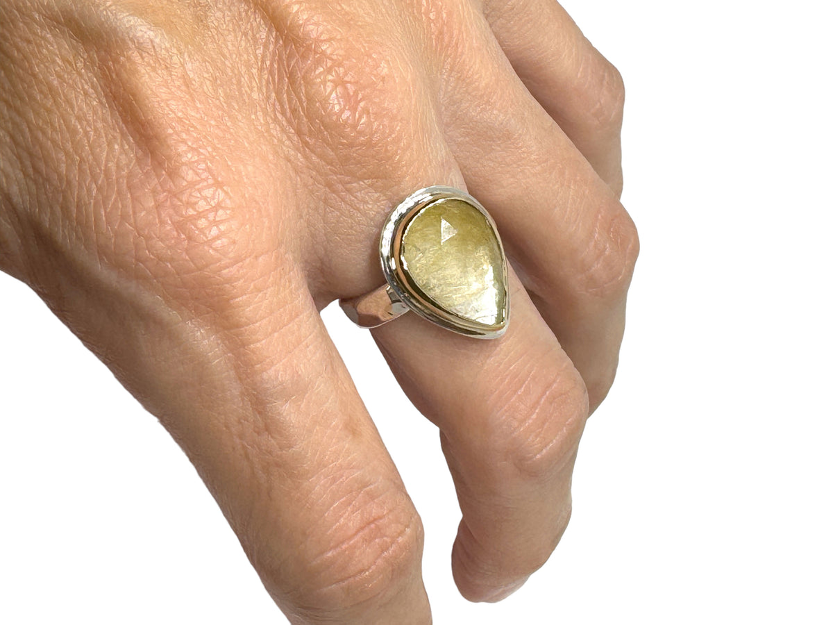 Rutilated Quartz Sterling Silver and Gold Ring Size 8