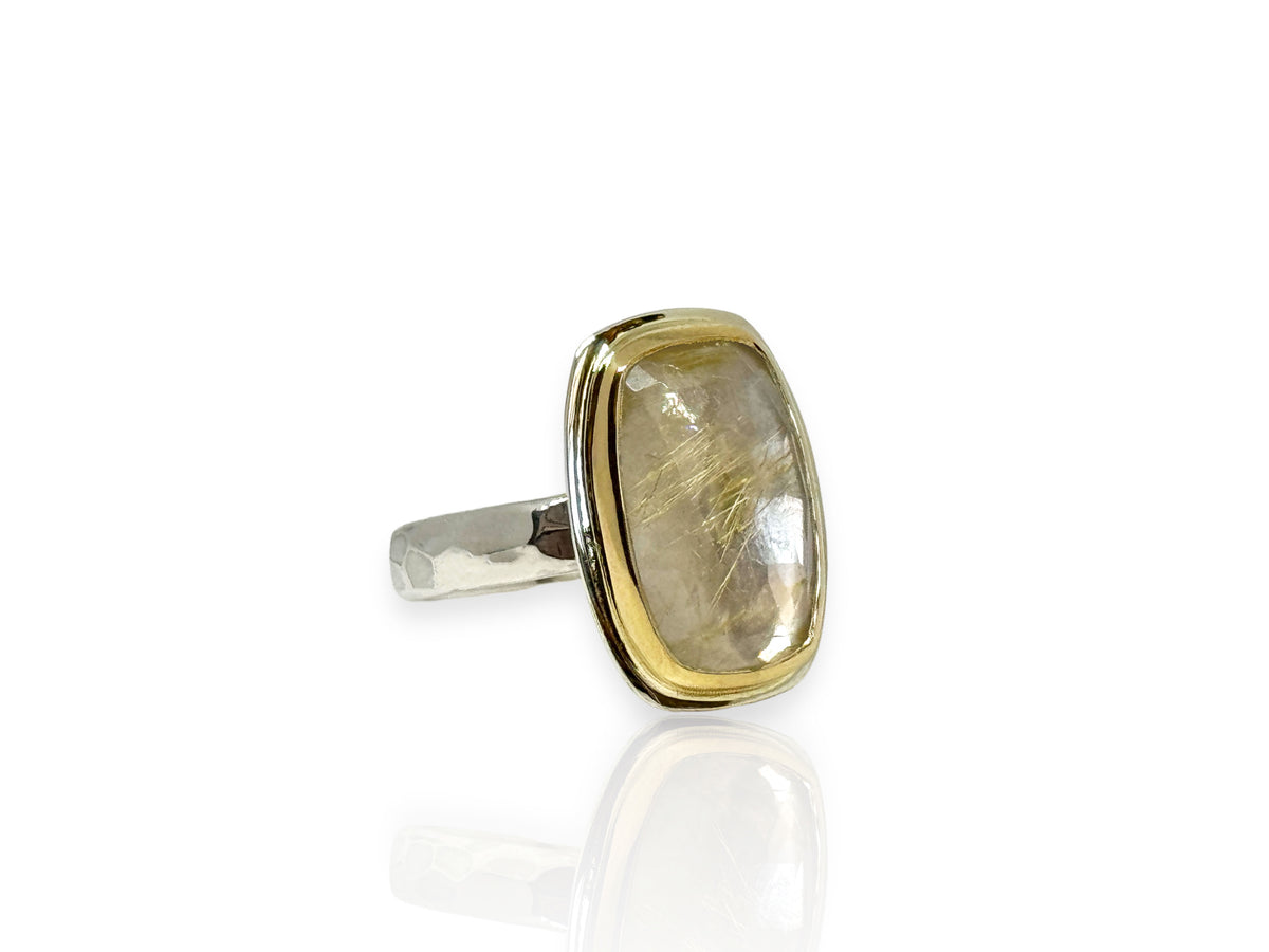 Golden Rutilated Quartz Ring Gold and Silver Size 9