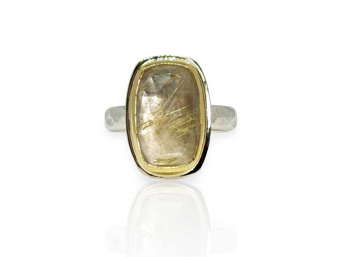 Golden Rutilated Quartz Ring Gold and Silver Size 9
