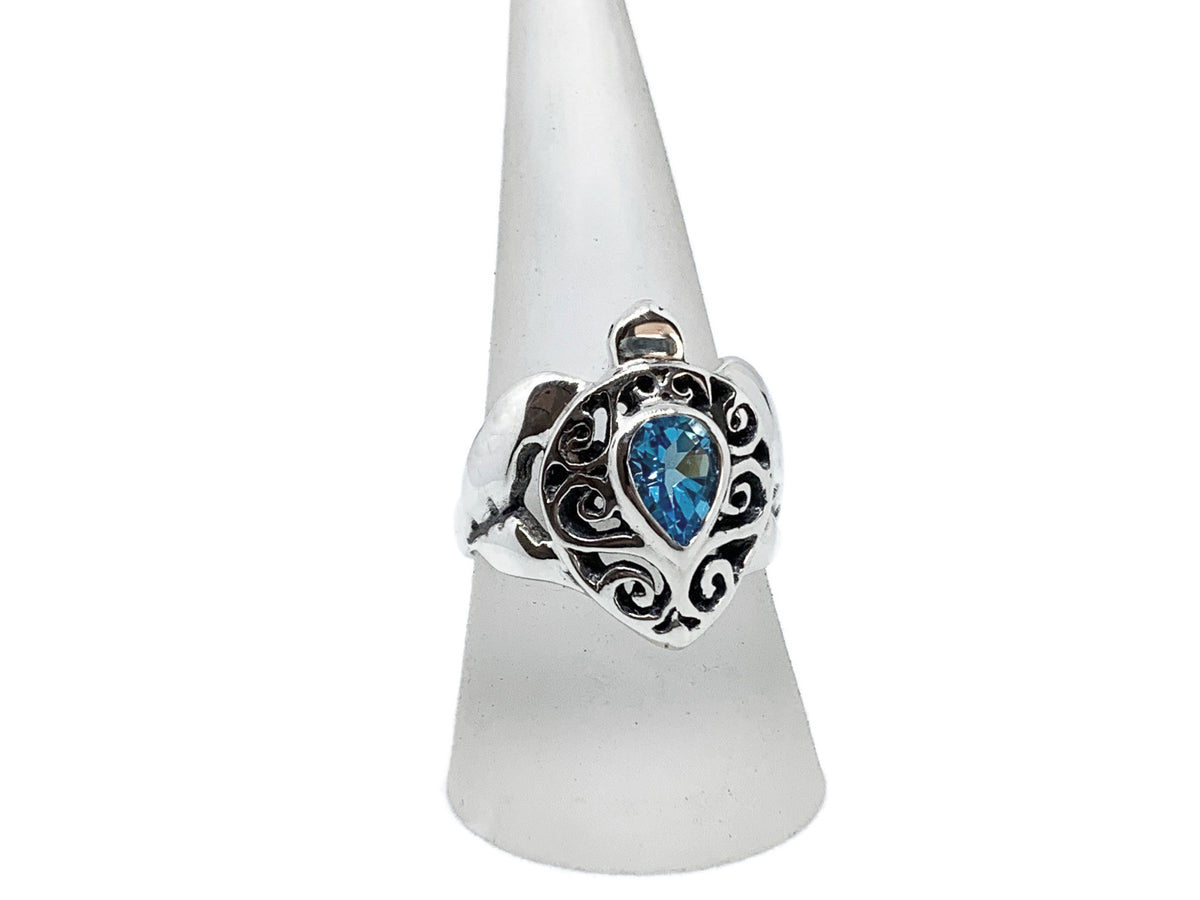 Sea Turtle Ring with Blue Topaz Swirl Shell