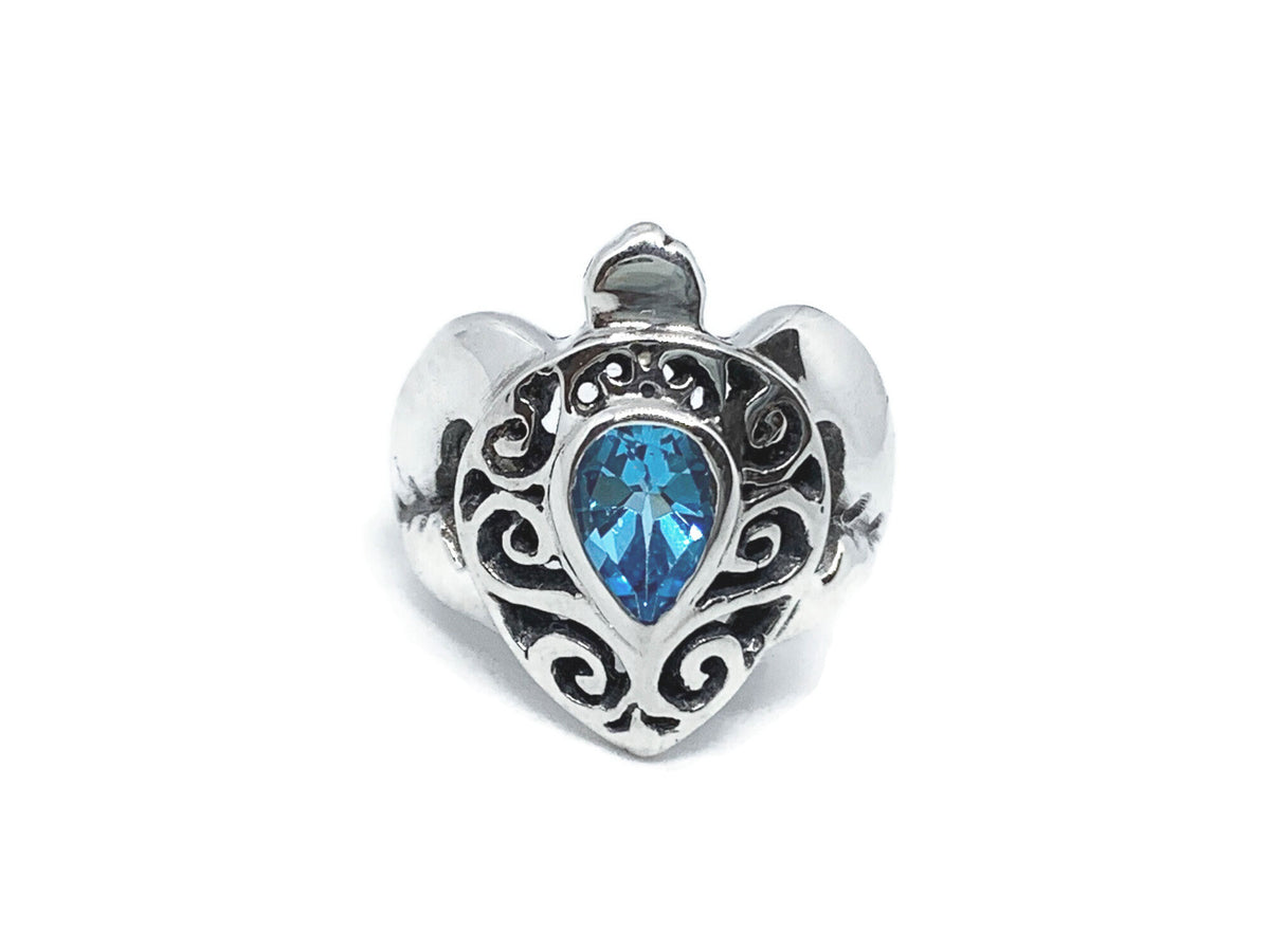 Sea Turtle Ring with Blue Topaz Swirl Shell