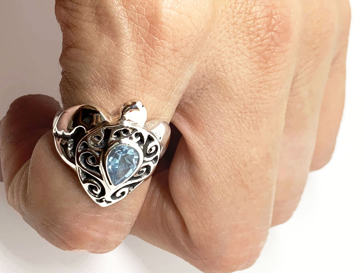 Sea Turtle Ring with Sky Blue Topaz Swirl Shell