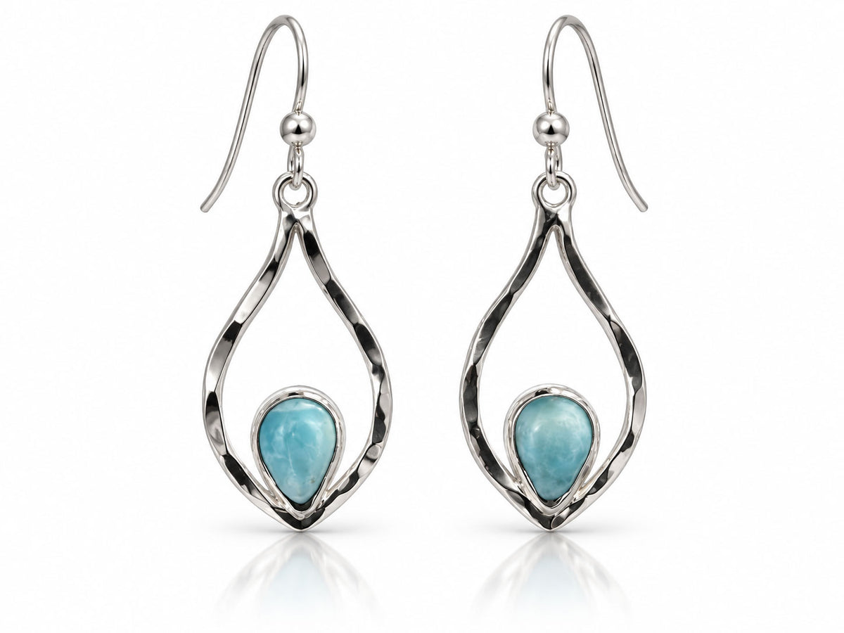 Caribbean Larimar Pear Earrings in Hammered Silver Teardrops