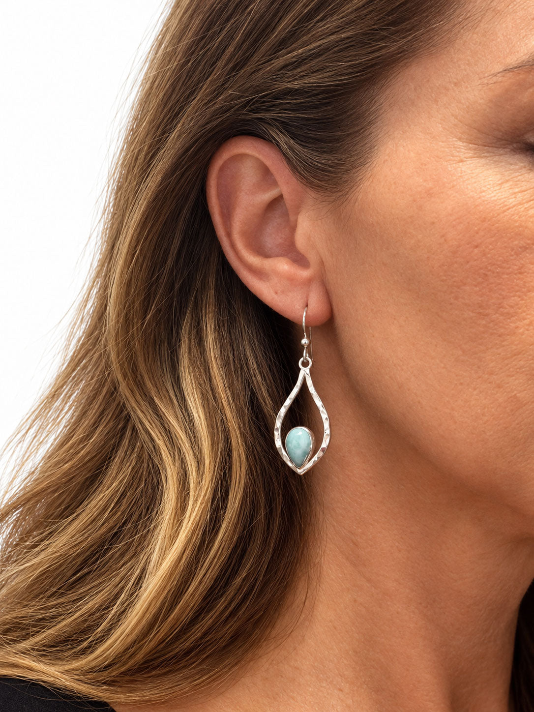 Caribbean Larimar Pear Earrings in Hammered Silver Teardrops