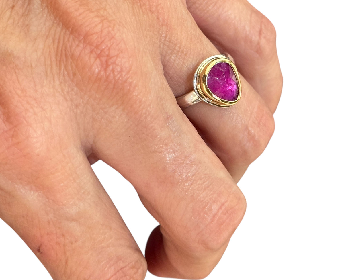 Pink Sapphire Rose Cut Freeform Ring Silver and Gold