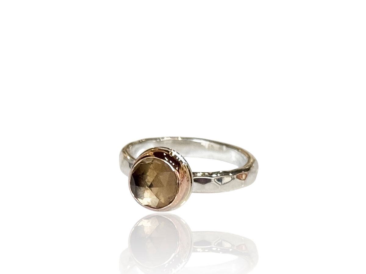 Smoky Quartz Rose Cut Solitaire Ring Silver and Rose Gold