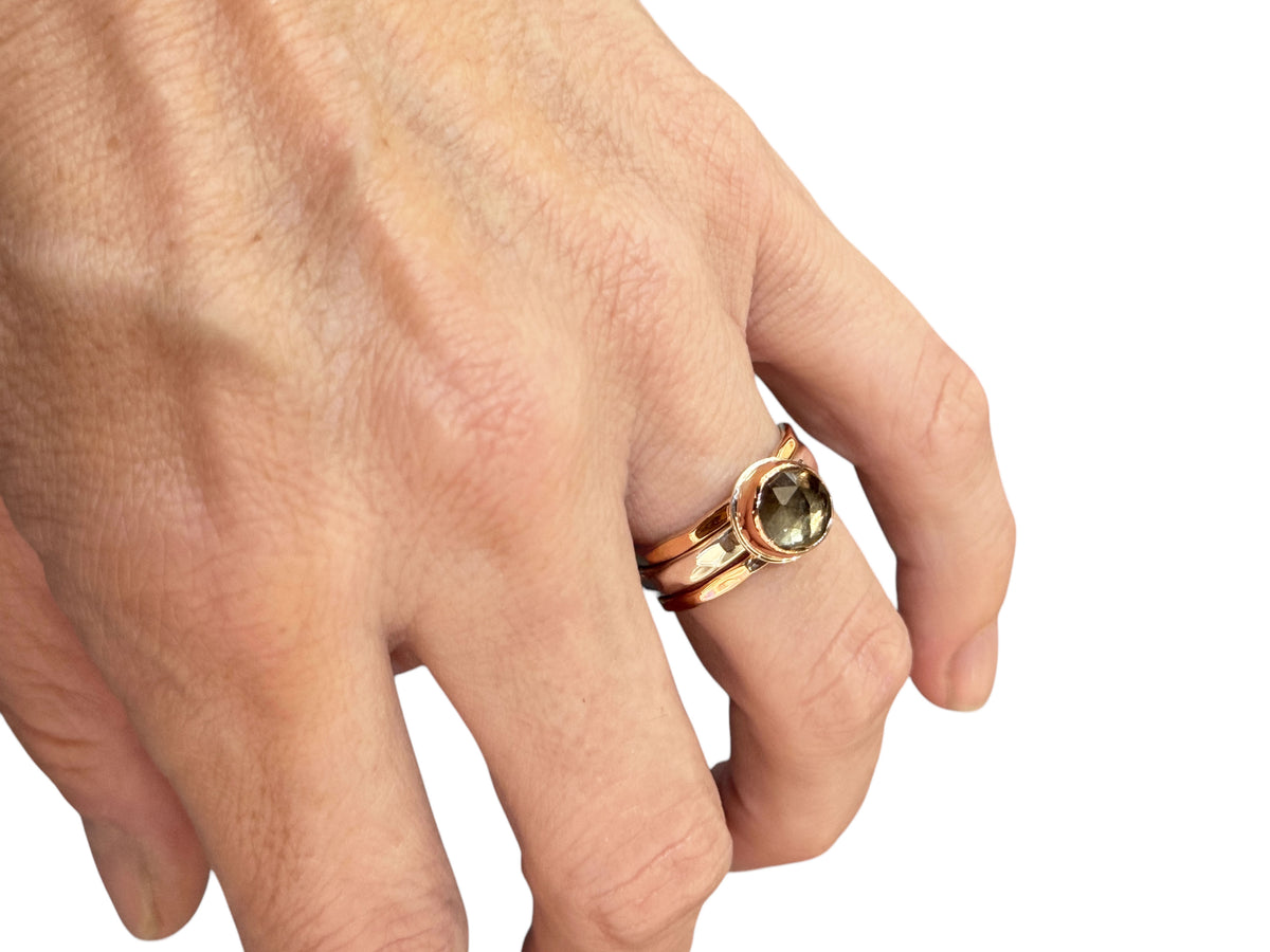 Smoky Quartz Rose Cut Solitaire Ring Silver and Rose Gold