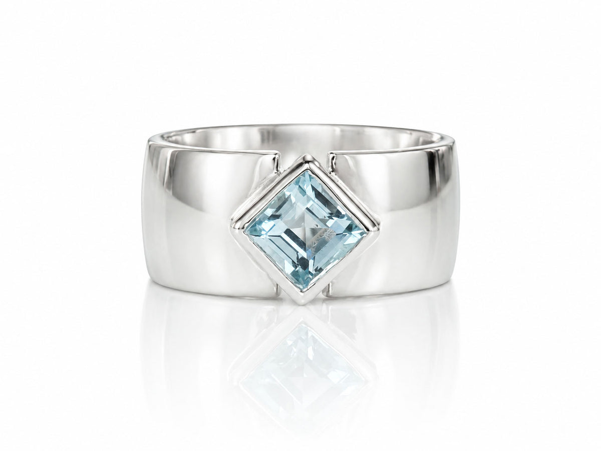 Square Blue Topaz Ring with Wide Silver Band Size 8-1/2