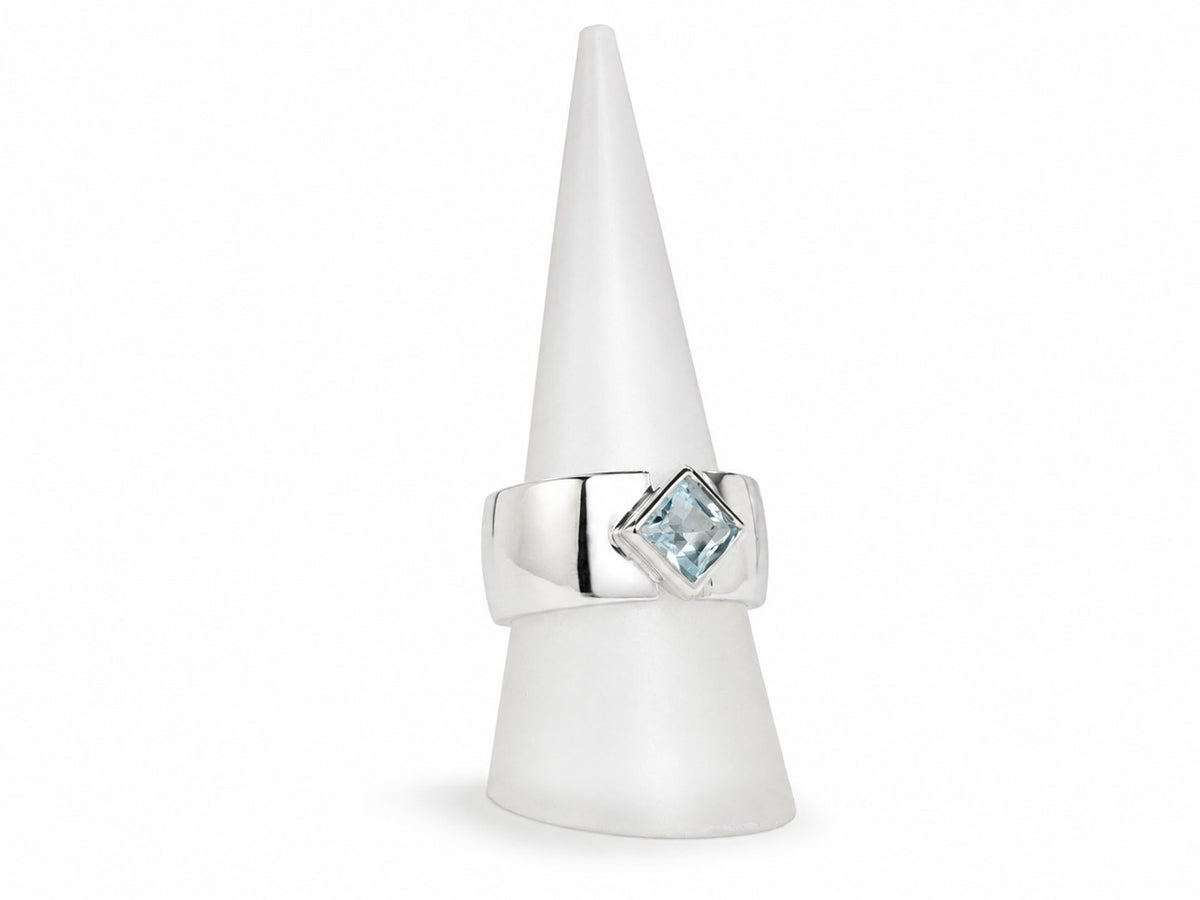 Square Blue Topaz Ring with Wide Silver Band Size 8-1/2