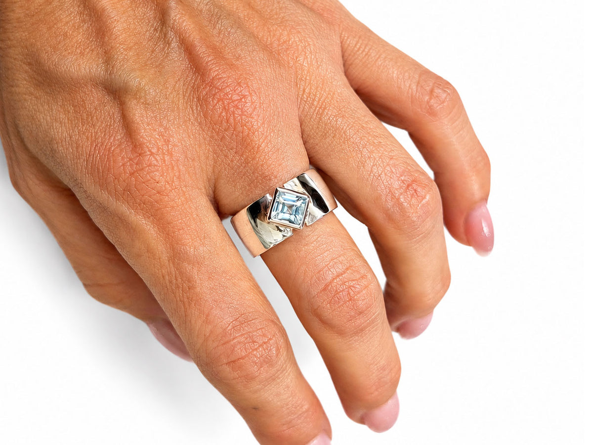 Square Blue Topaz Ring with Wide Silver Band Size 8-1/2