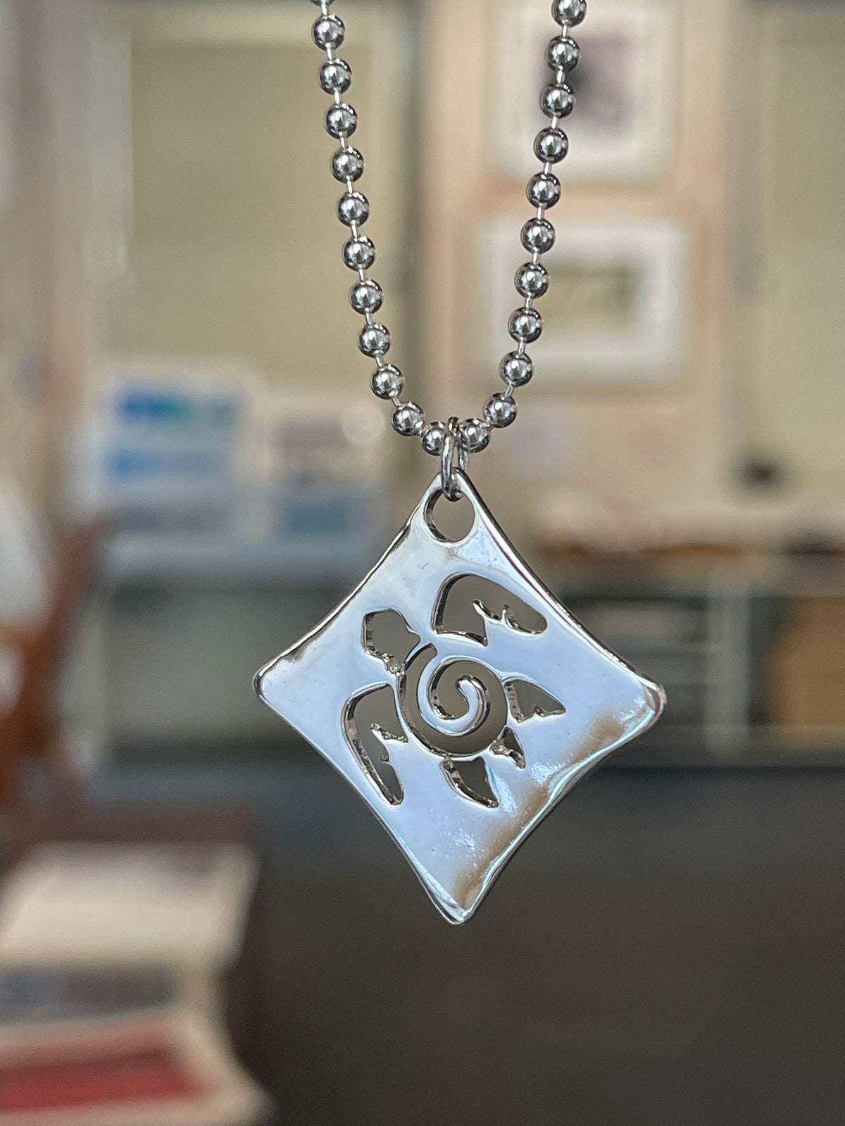 Sea Turtle Pierced Silver Square Pendant