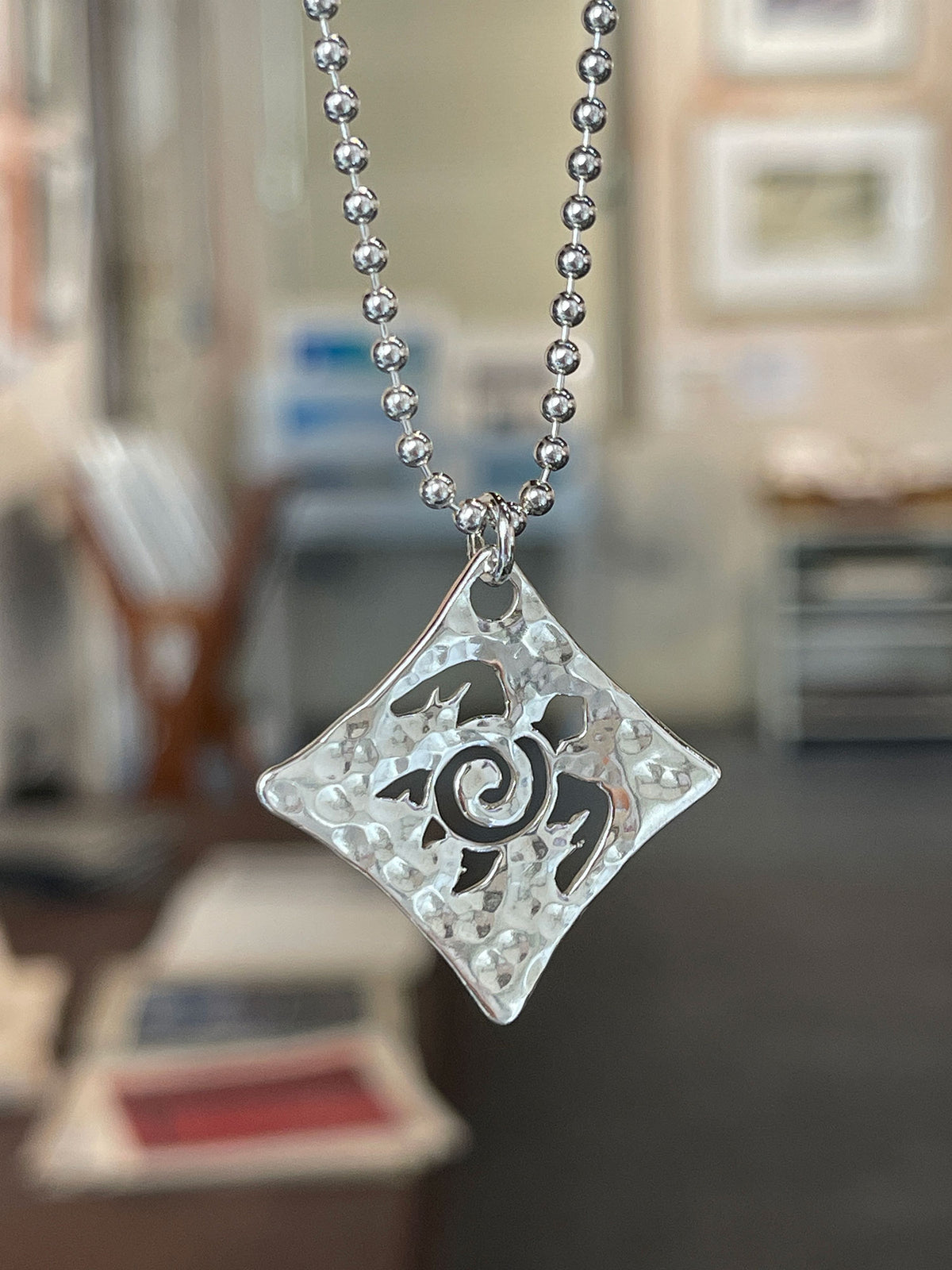 Sea Turtle Pierced Square Pendant with Hammer Texture
