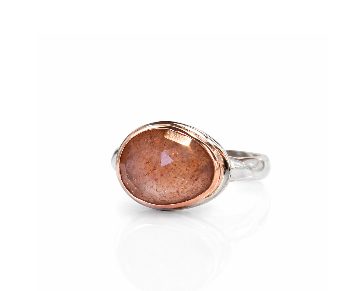 Sunstone Freeform Pear-Shaped Faceted Silver Ring Size 8