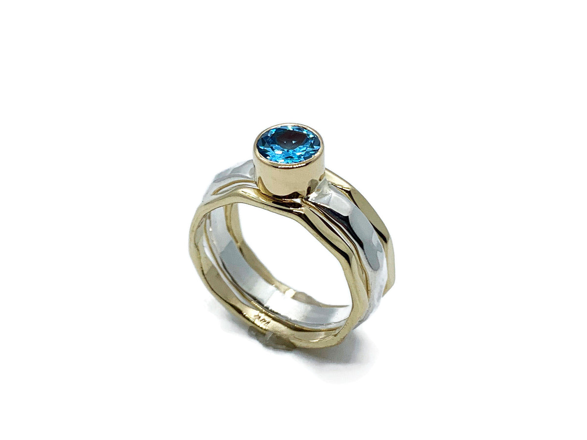 Swiss Blue Topaz Stack Ring Set Silver and Gold