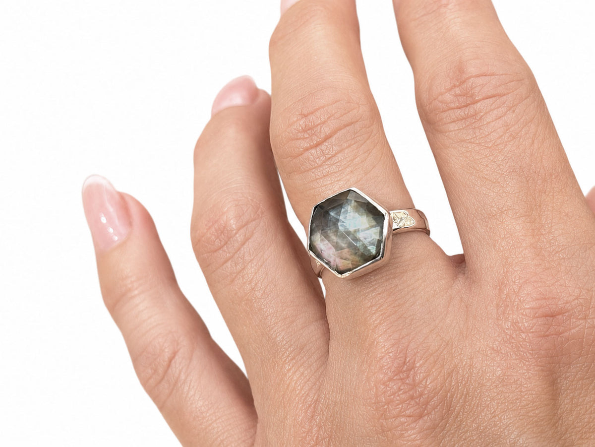 Tahitian Black Mother of Pearl Quartz Ring Sterling Silver