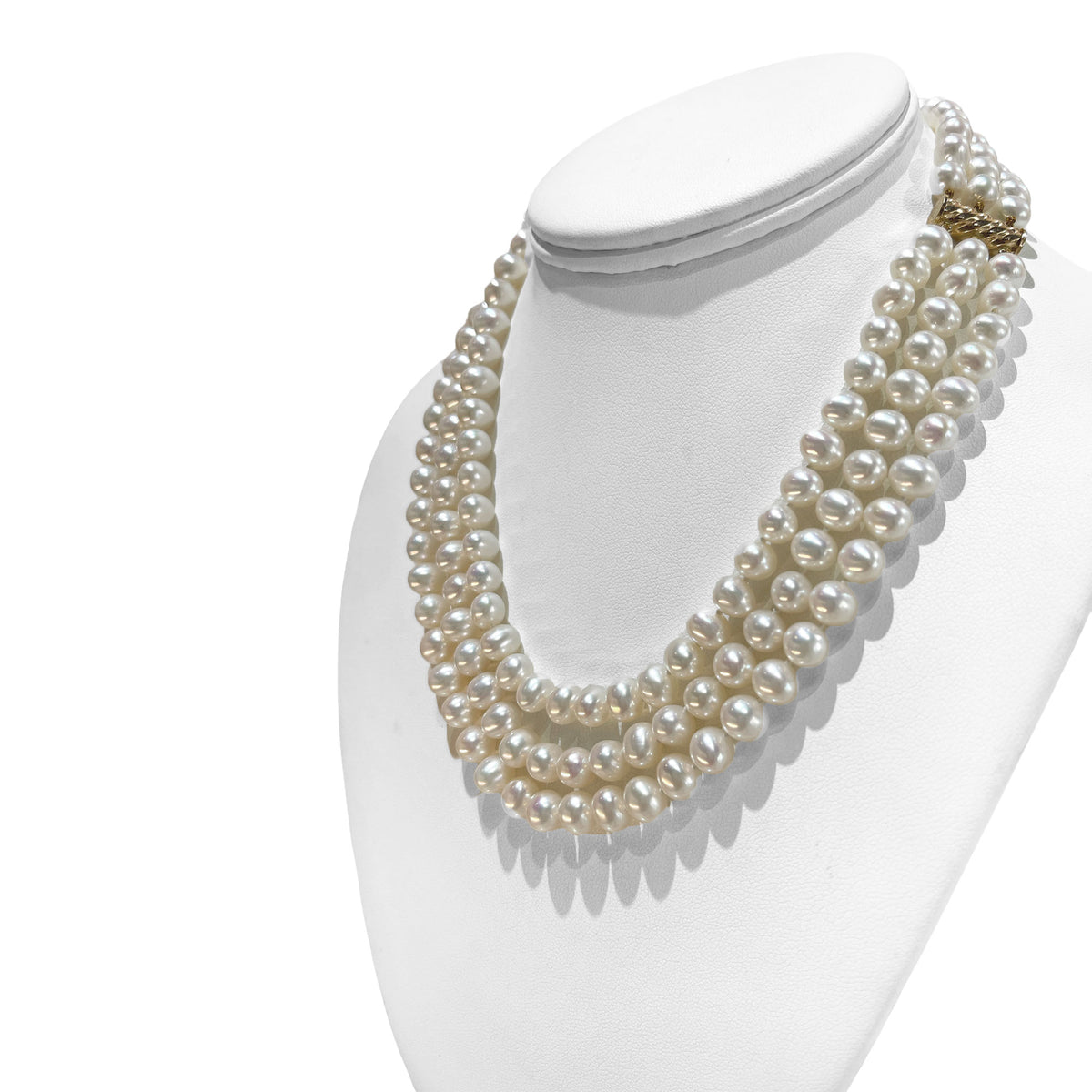 White Pearl Triple Strand High Luster Necklace